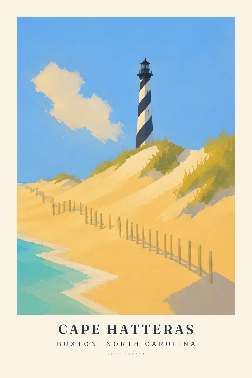 Vertical Cape Hatteras poster with a black-and-white spiral lighthouse above pale dunes, yellow beach and turquoise Atlantic water.