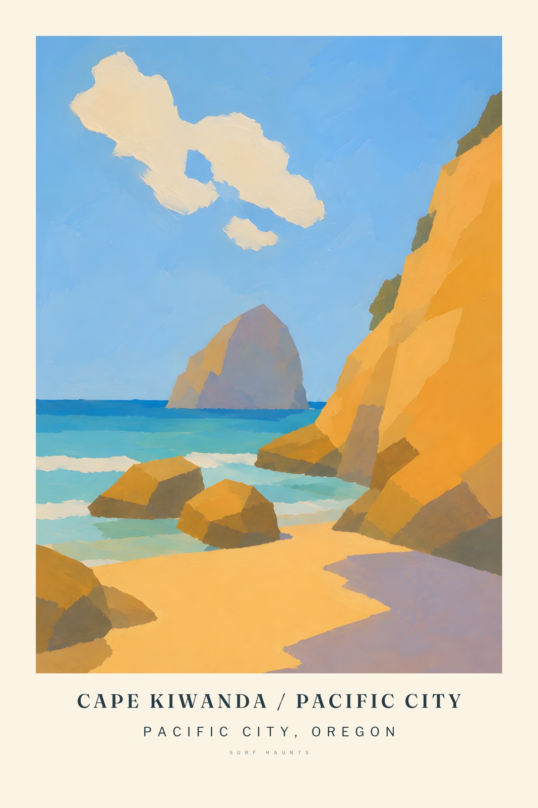 Vertical Cape Kiwanda poster with ochre sandstone cliffs, a dark offshore sea stack, turquoise water and cream surf lines on a yellow beach.