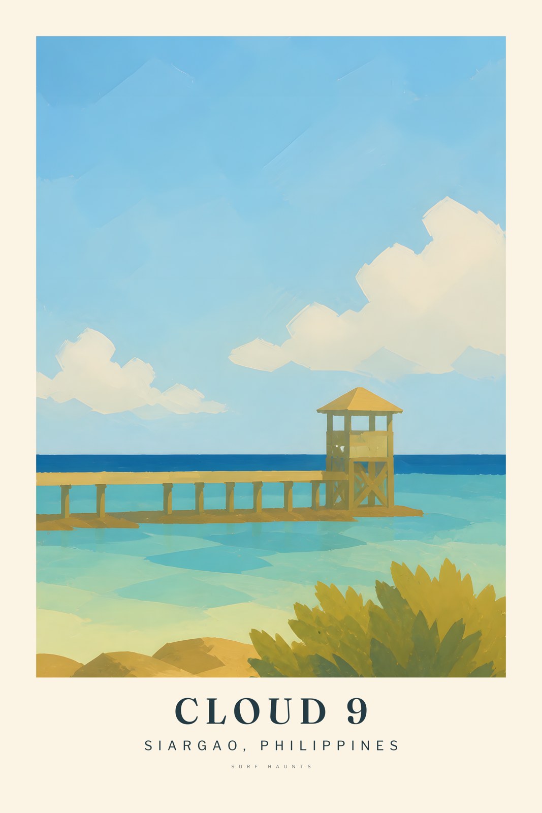 Painted vertical poster of Cloud 9 in Siargao with a long low boardwalk leading to a small roofed tower above turquoise shallows under a large blue sky.