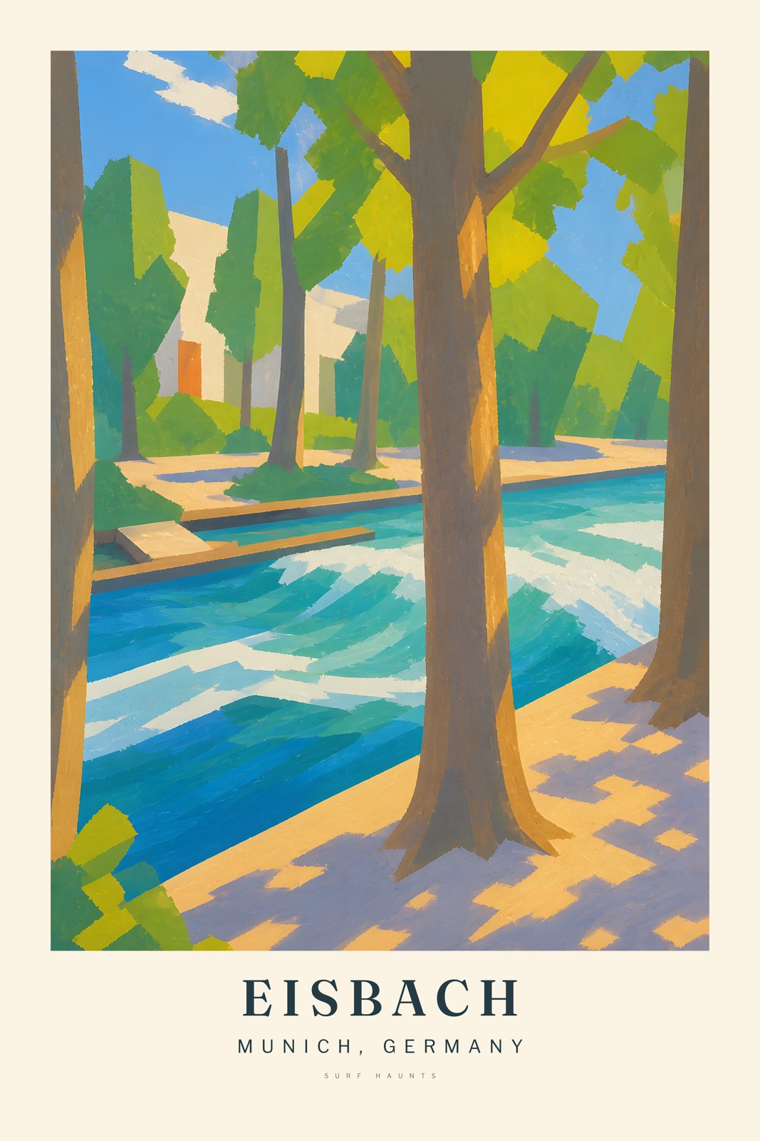 Painted vertical poster of the Eisbach Wave in Munich, with foam across a narrow turquoise channel, concrete banks, tall tree trunks and green foliage.