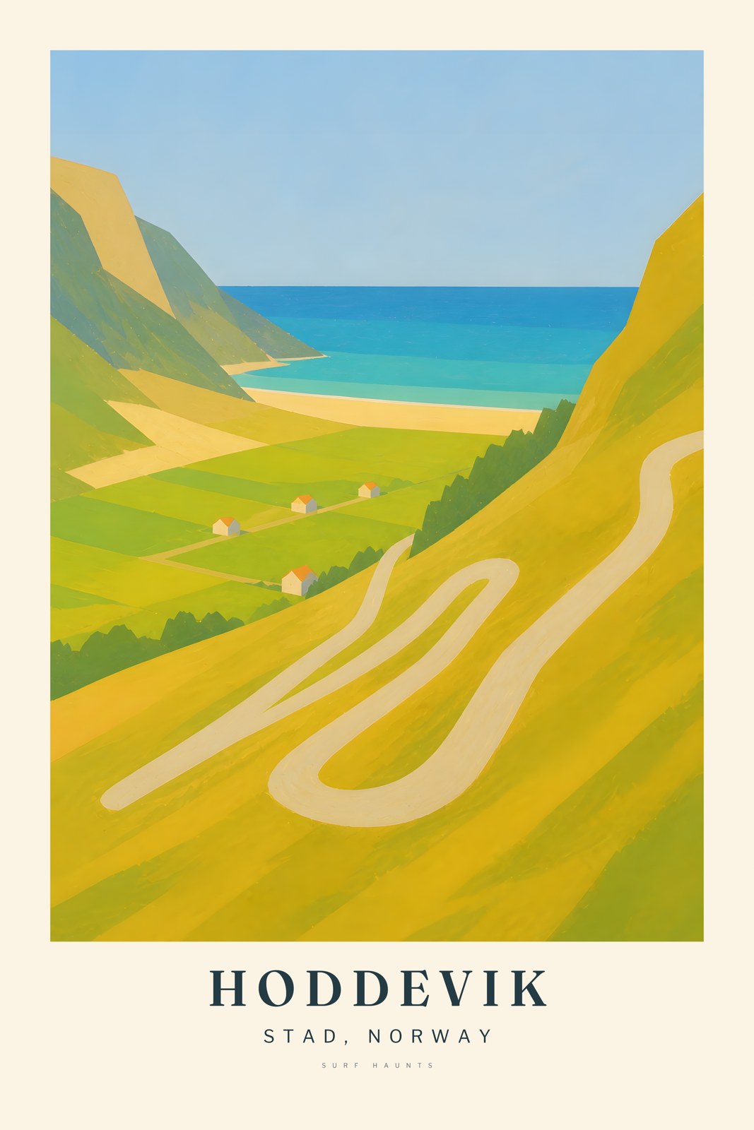 Painted vertical poster of Hoddevik, Norway, with a pale switchback road descending a green mountainside toward small houses, fields, beach and turquoise sea.