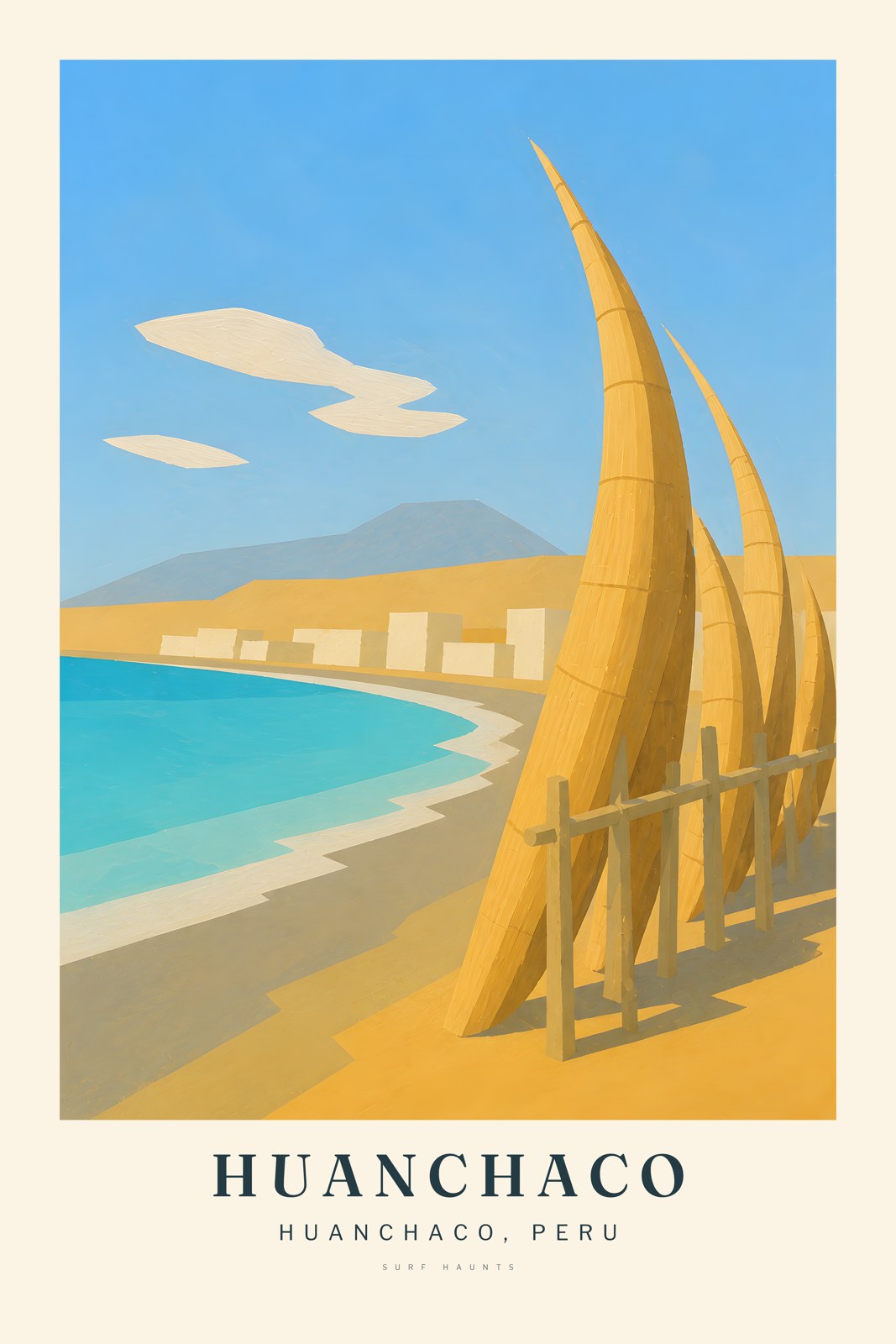 Painted vertical poster of Huanchaco, Peru, with five upright ochre caballitos de totora casting long shadows beside a turquoise bay and distant town.
