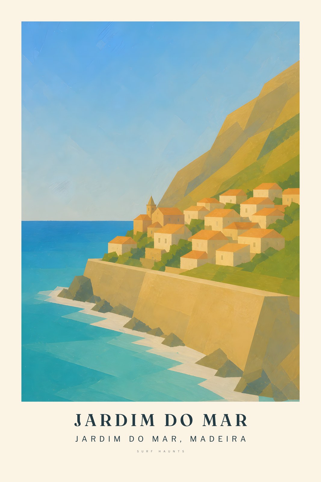 Cream houses with orange roofs cluster around a slender church tower above a long ochre waterfront wall, blue Atlantic water and steep Madeira slopes.