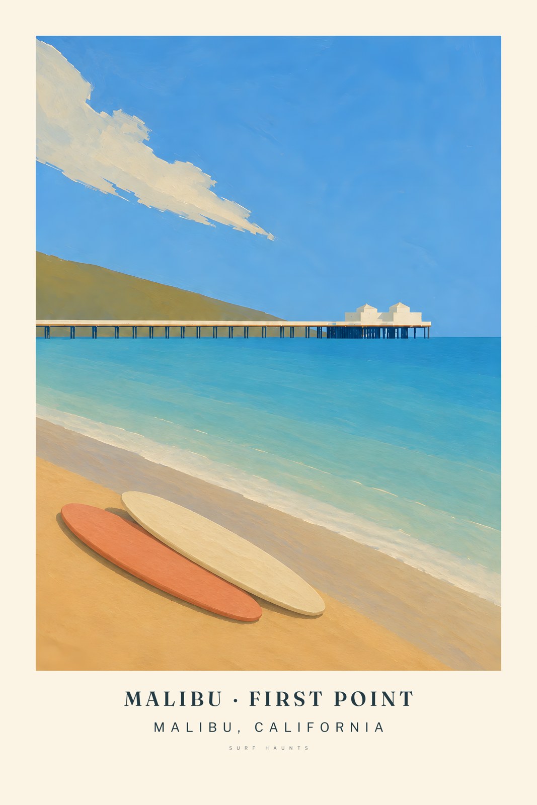 Two coral and cream longboards lie on warm Malibu sand below a pale shoreline, turquoise water, a low pier and an elongated cream cloud.
