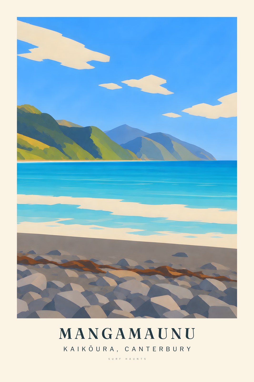 Painted Mangamaunu poster with gray cobbles, level turquoise water, low shoreline foam and layered green-blue Kaikōura mountains.