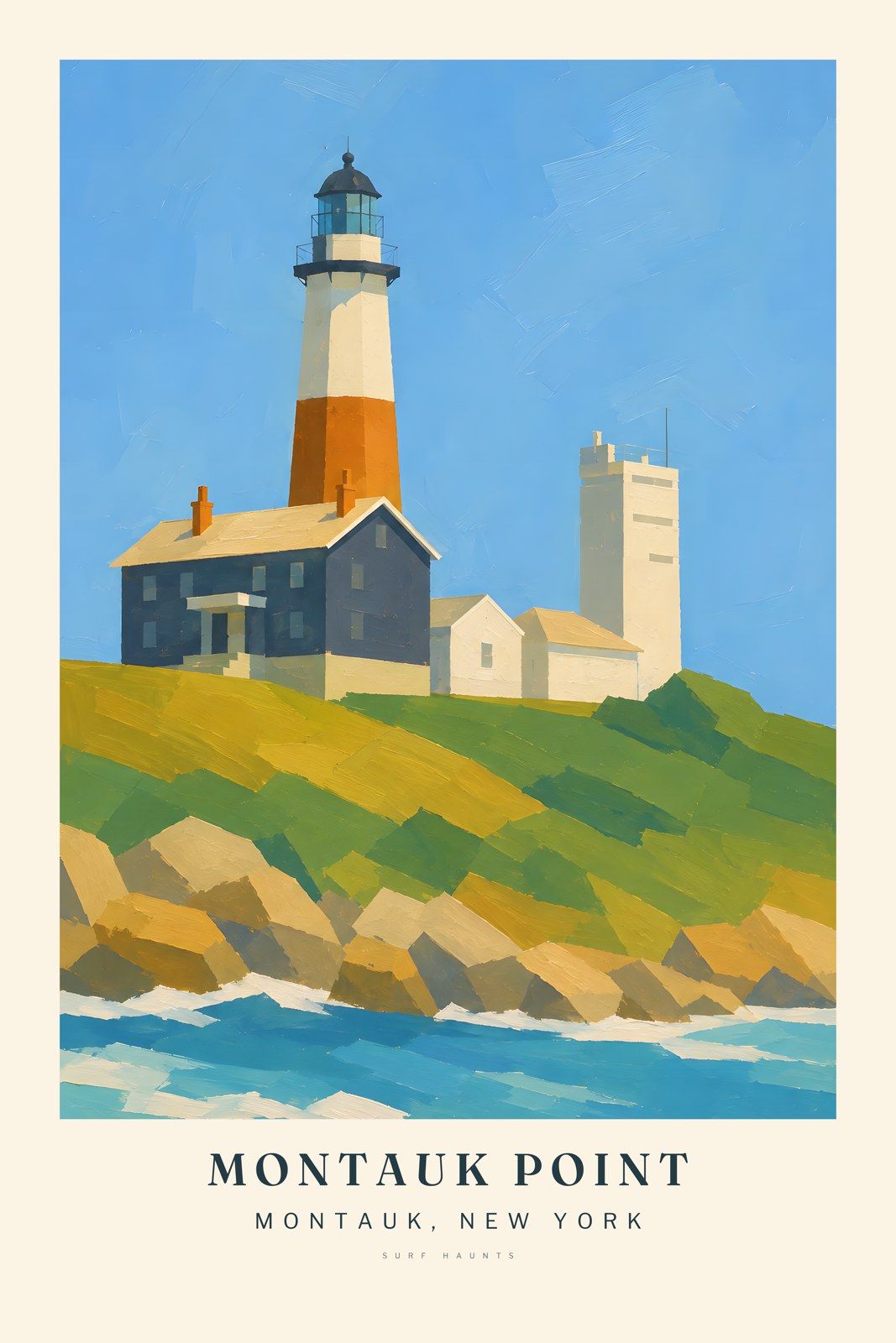 Vertical Montauk Point poster showing a white lighthouse with a red band above keeper buildings, a rocky shore and turquoise water.