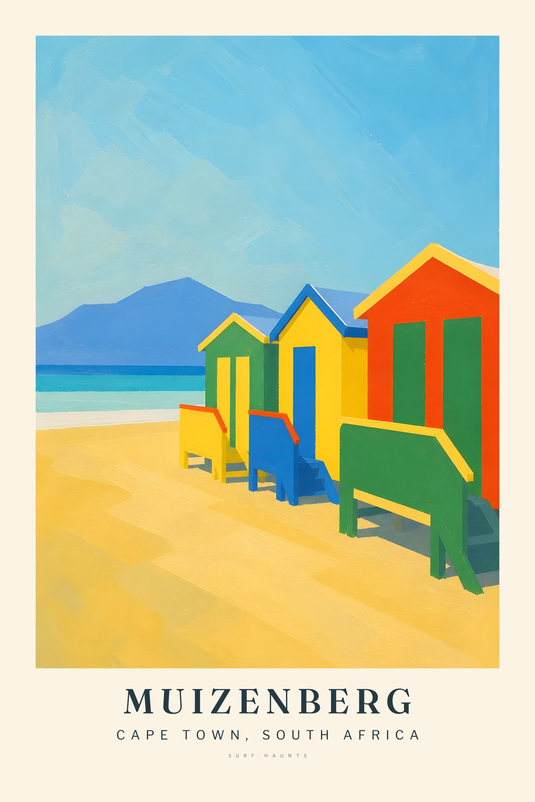 Painted vertical poster of Muizenberg Beach with colorful green, yellow, red and blue gabled huts on warm sand before aqua water and a blue mountain silhouette.