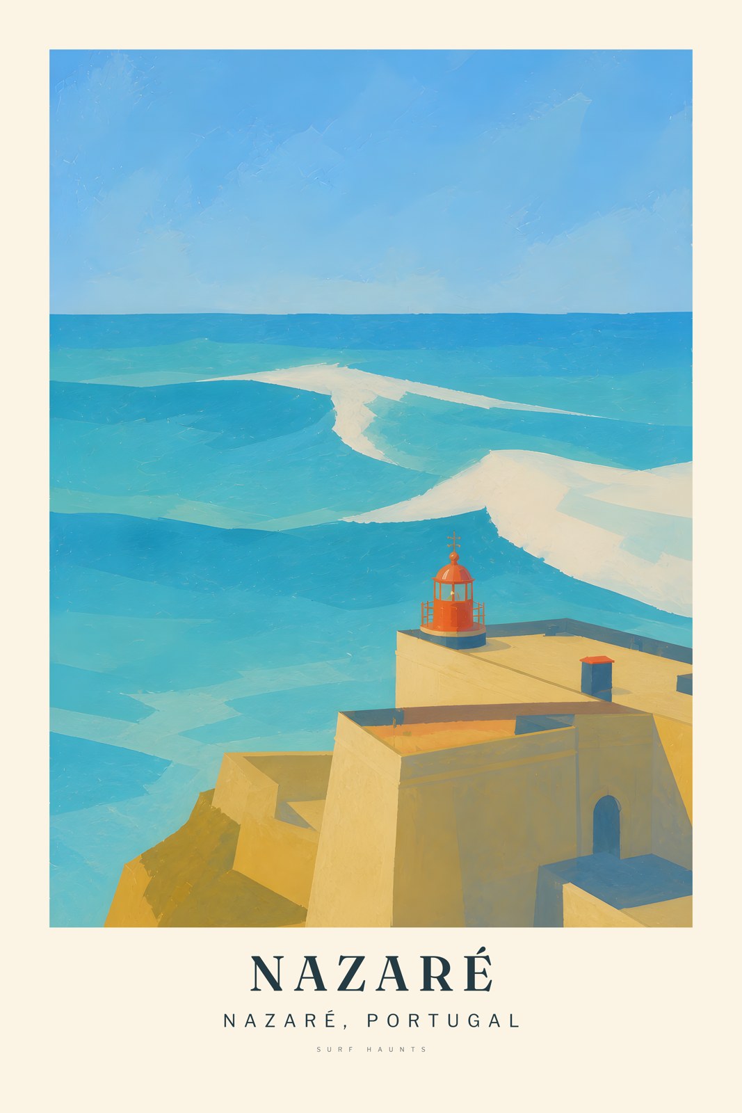 Painted vertical poster of Nazaré, Portugal, with a pale coastal fort and small red harbor light before large layered turquoise and white Atlantic waves.