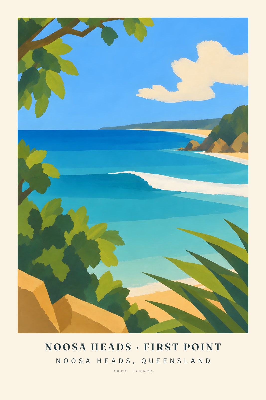 Painted Noosa Heads poster framed by green foliage, showing Laguna Bay, a low headland and one breaking wave.