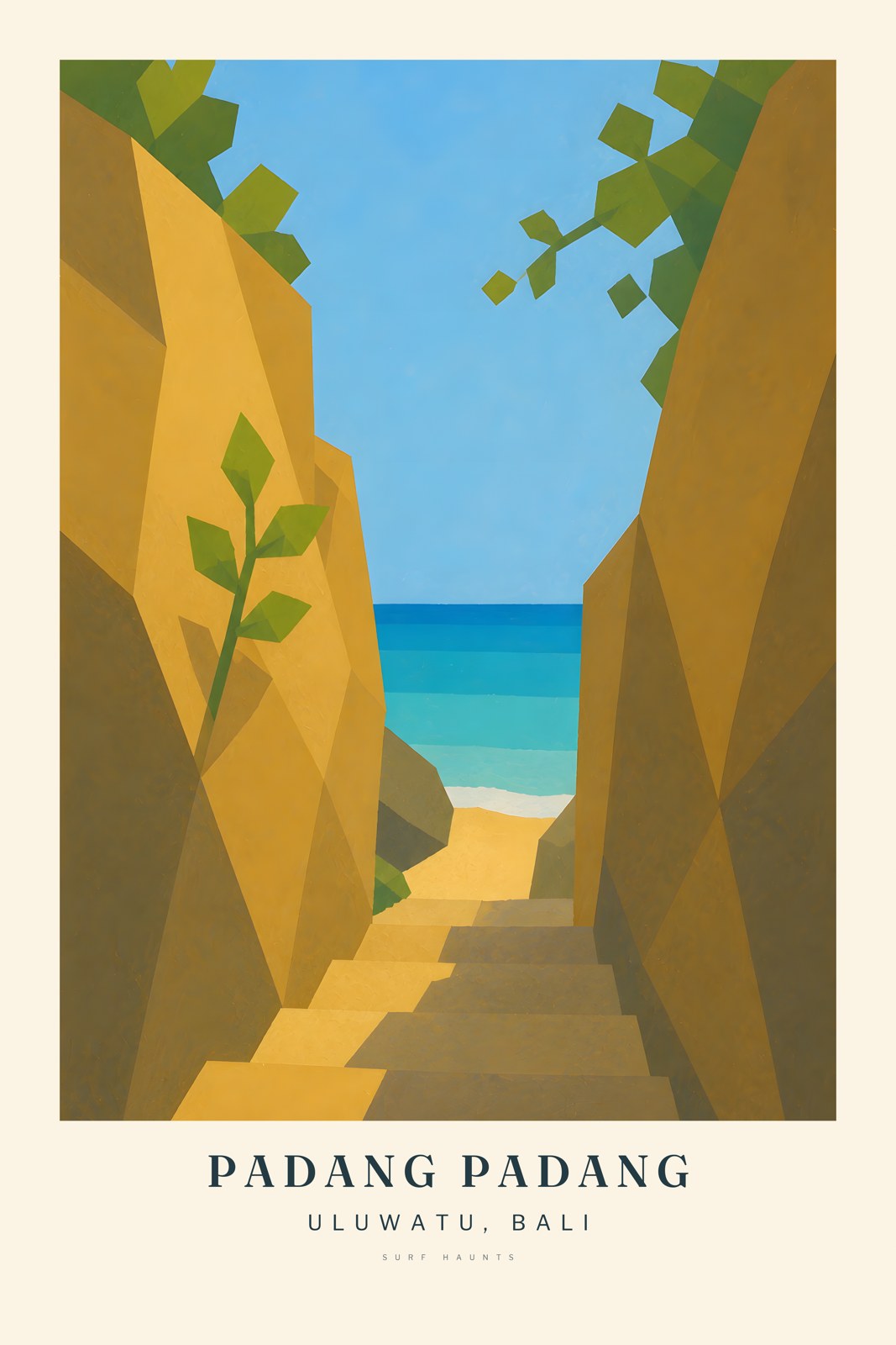 Ochre limestone walls and green leaves frame broad steps descending through sun and shadow toward yellow sand and turquoise water at Padang Padang in Bali.