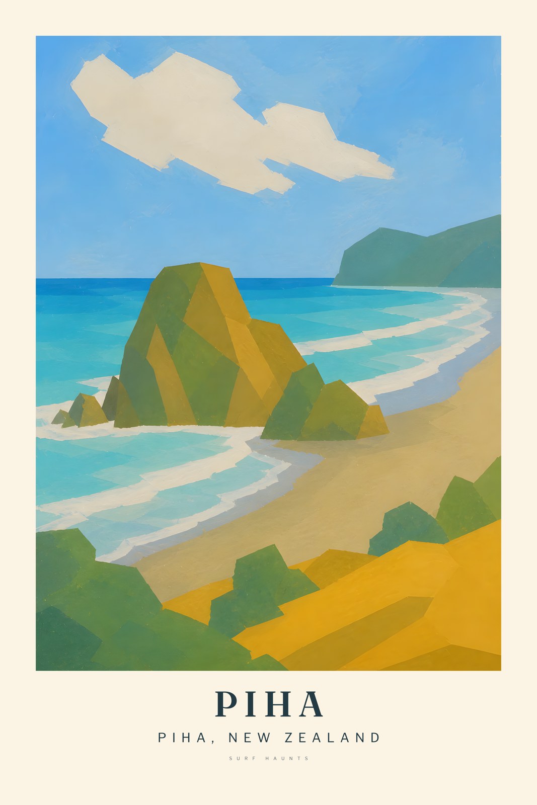 Painted vertical poster of Piha, New Zealand, with Te Piha or Lion Rock rising beside turquoise water, surf lines, a long beach, golden slopes and blue sky.