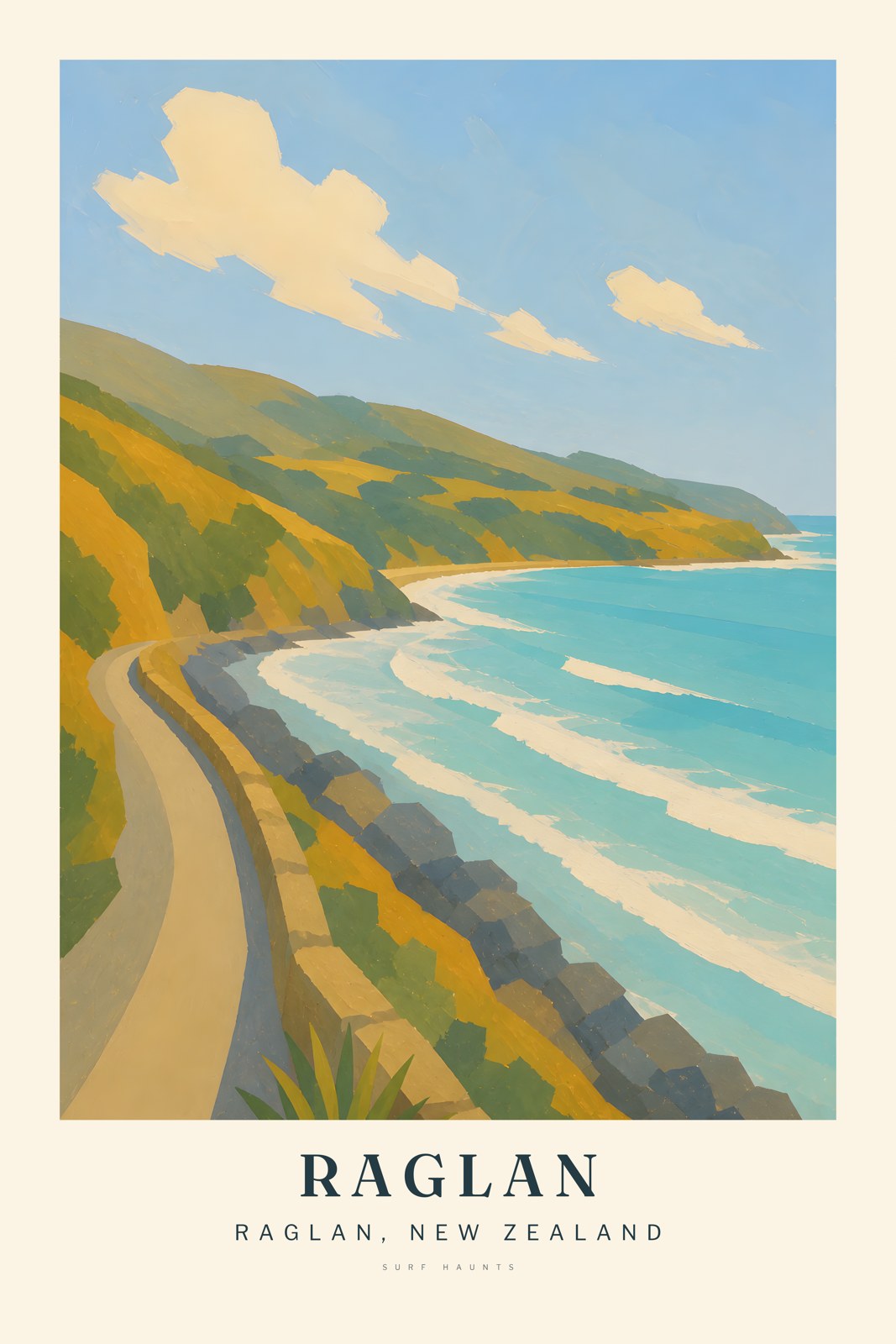 A pale coastal curve passes dark boulders, turquoise water and layered green hills under cream clouds in an interpreted Manu Bay poster.