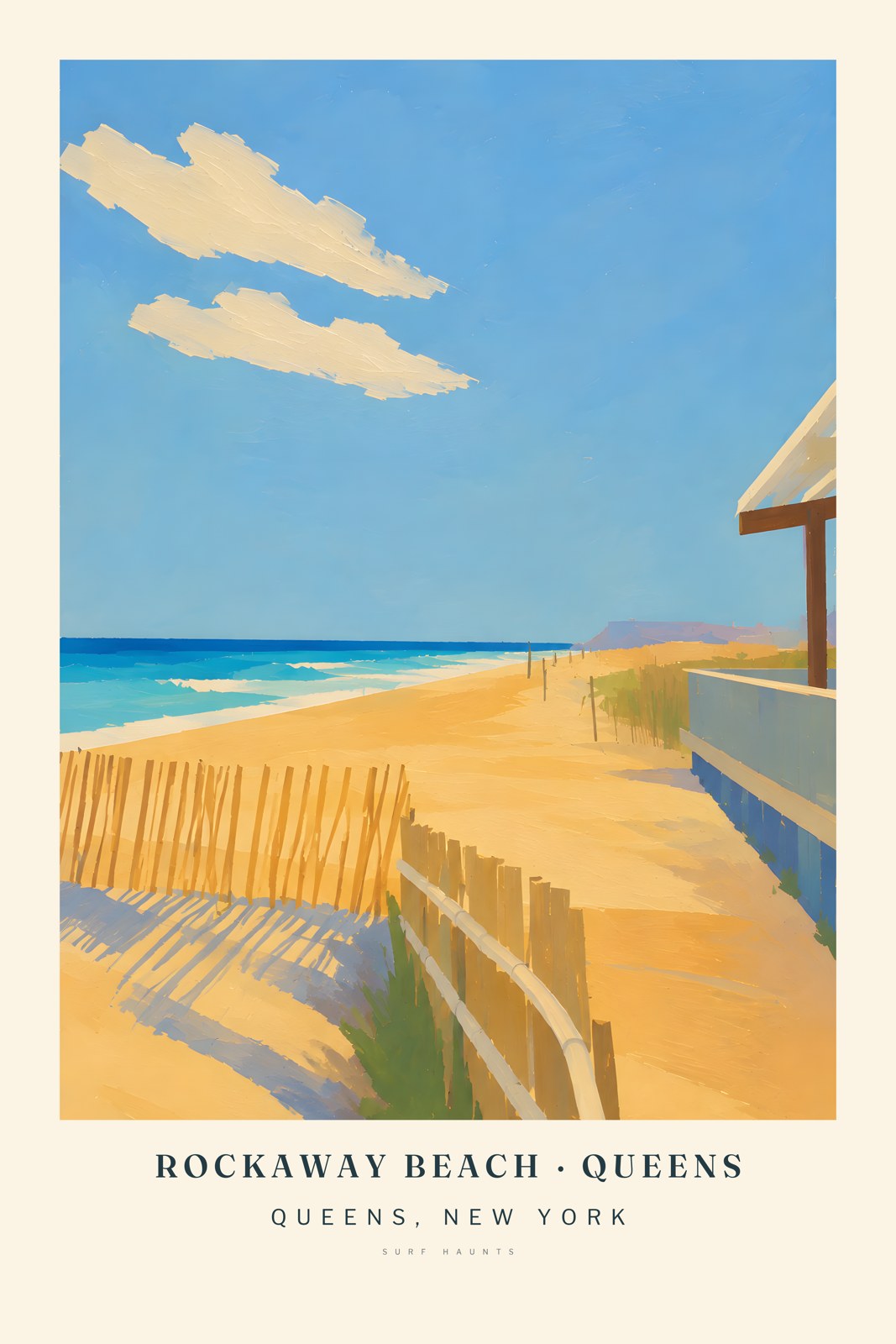 Vertical Rockaway Beach poster with yellow sand, turquoise Atlantic water, dune fencing, a raised boardwalk and distant Queens buildings.