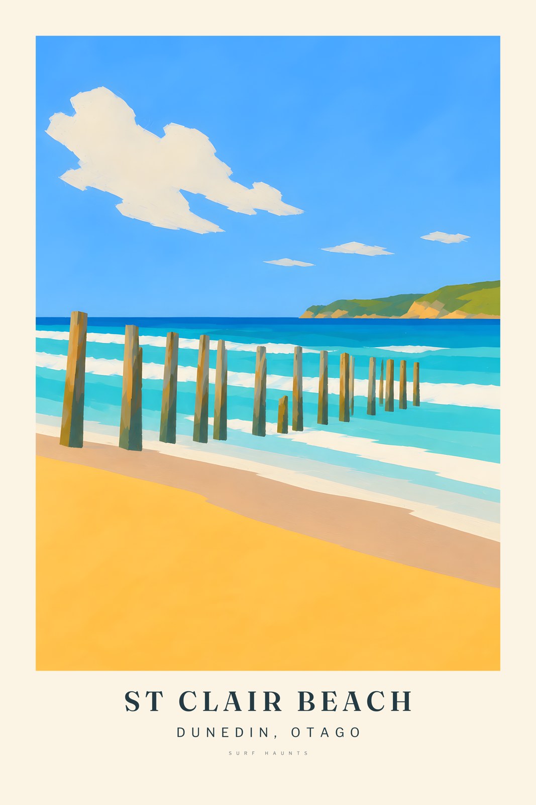 Painted St Clair Beach poster with weathered timber posts running diagonally from pale sand into blue-green surf.