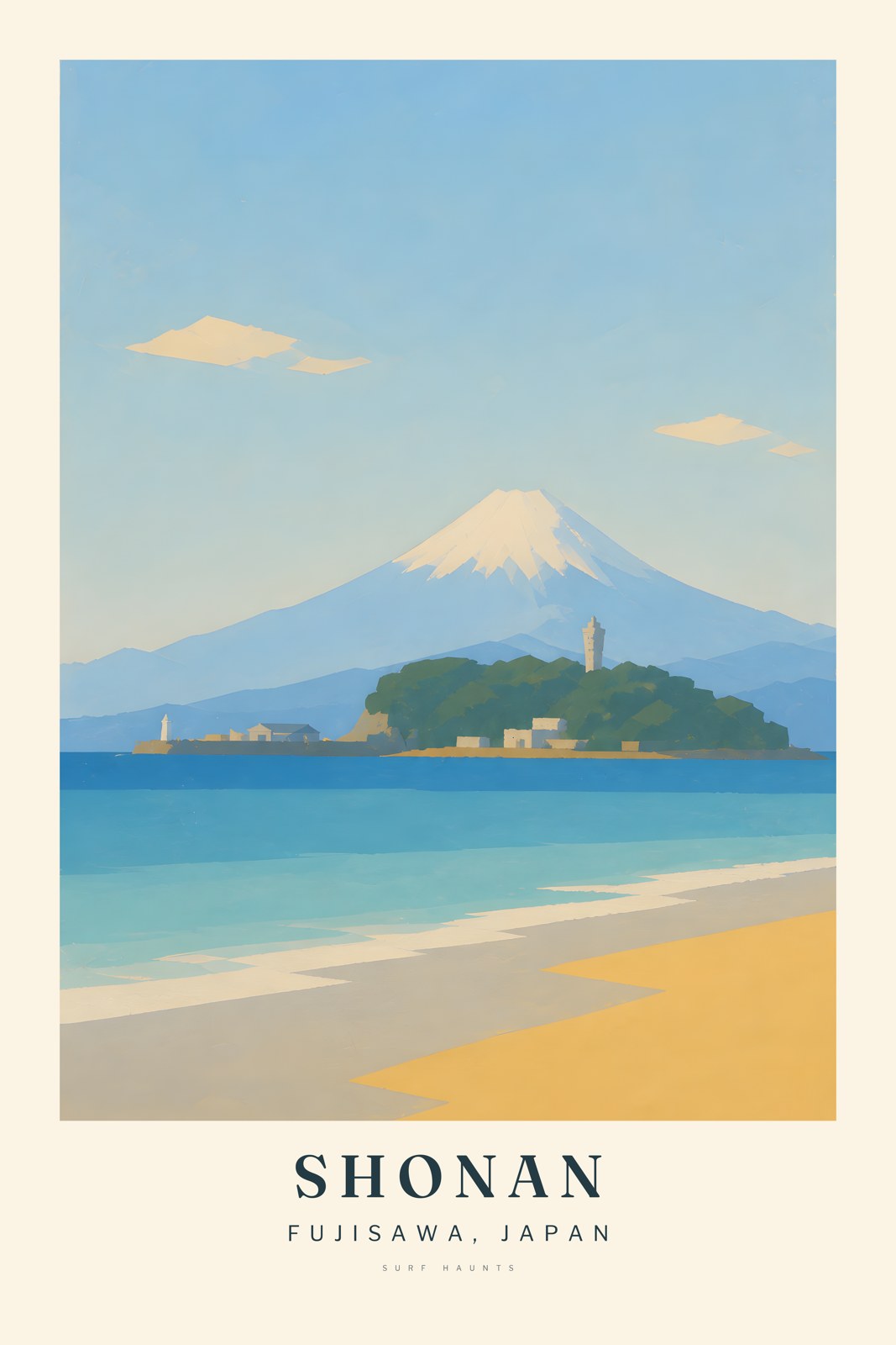 Yellow beach and turquoise water face green Enoshima with pale waterfront buildings and its Sea Candle tower, while snow-capped Mount Fuji rises behind.