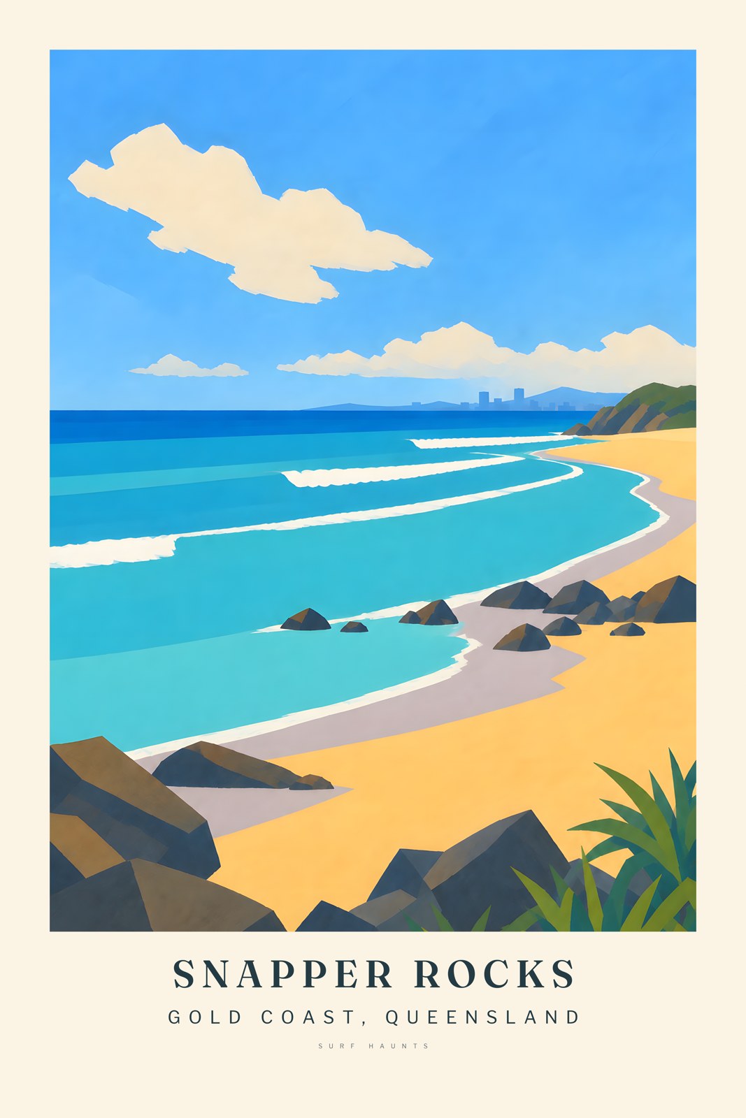 Painted Snapper Rocks poster showing dark rocks, curved Rainbow Bay, turquoise water and a distant Coolangatta skyline.