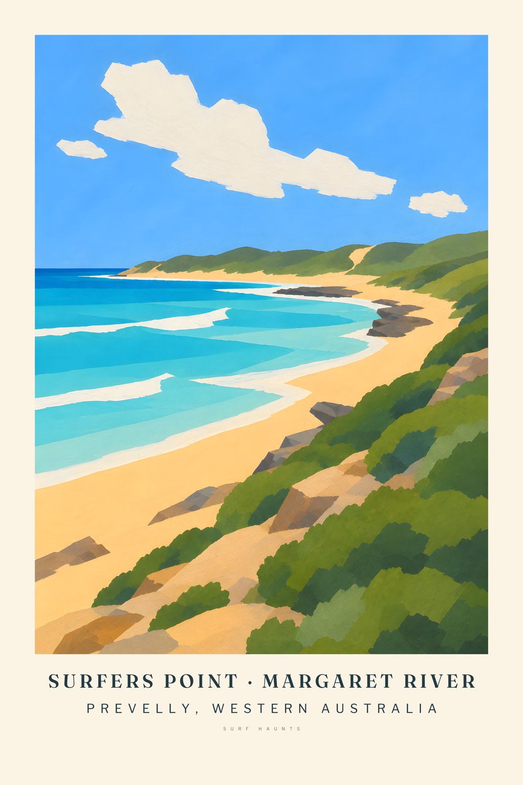 Painted Surfers Point poster with low green vegetation, pale sand, rock shelves and open blue water along the Prevelly coast.