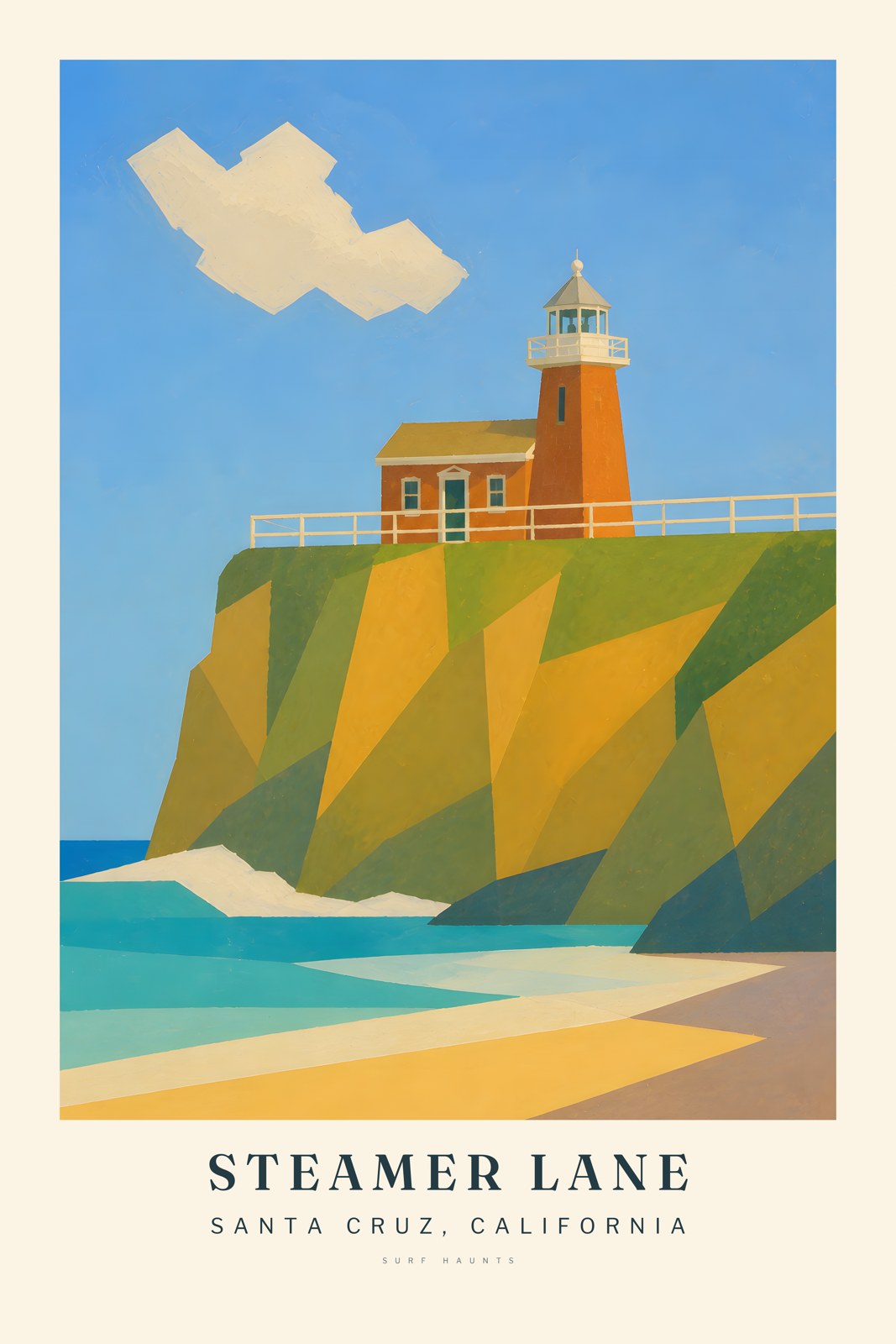 Red-orange lighthouse with a white lantern stands above angular ochre and green cliffs, turquoise water and cream foam at Steamer Lane in Santa Cruz.