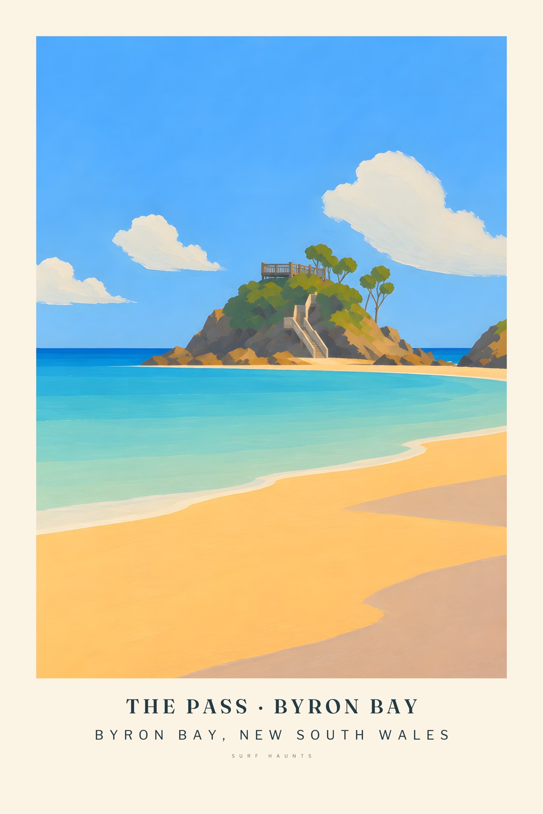 Painted vertical poster of The Pass in Byron Bay with Fishermans Lookout on a rocky rise above an empty beach and turquoise water.