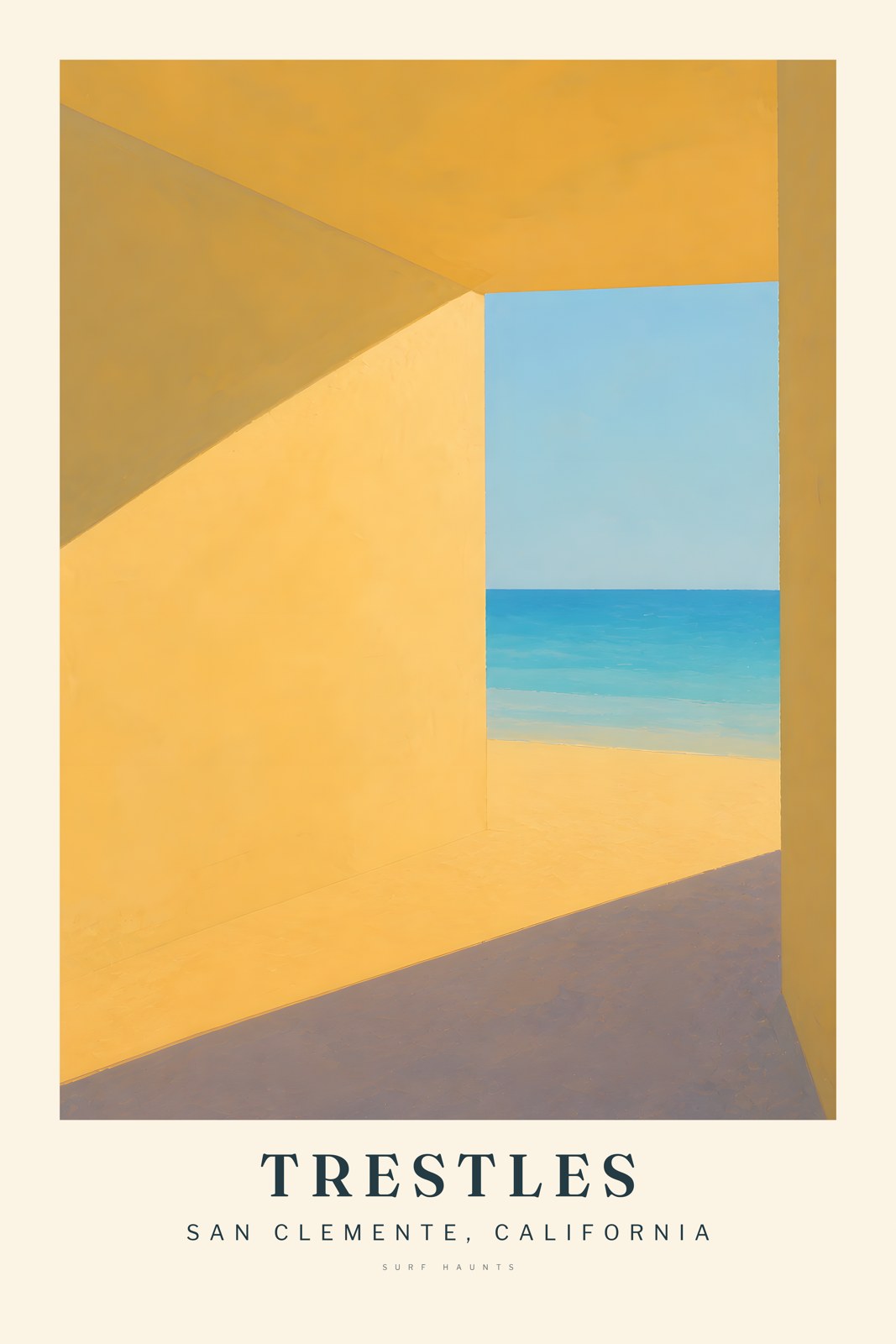 Ochre concrete planes frame a rectangular view of blue sky, turquoise ocean and yellow beach above a diagonal violet-gray shadow in a Trestles poster.