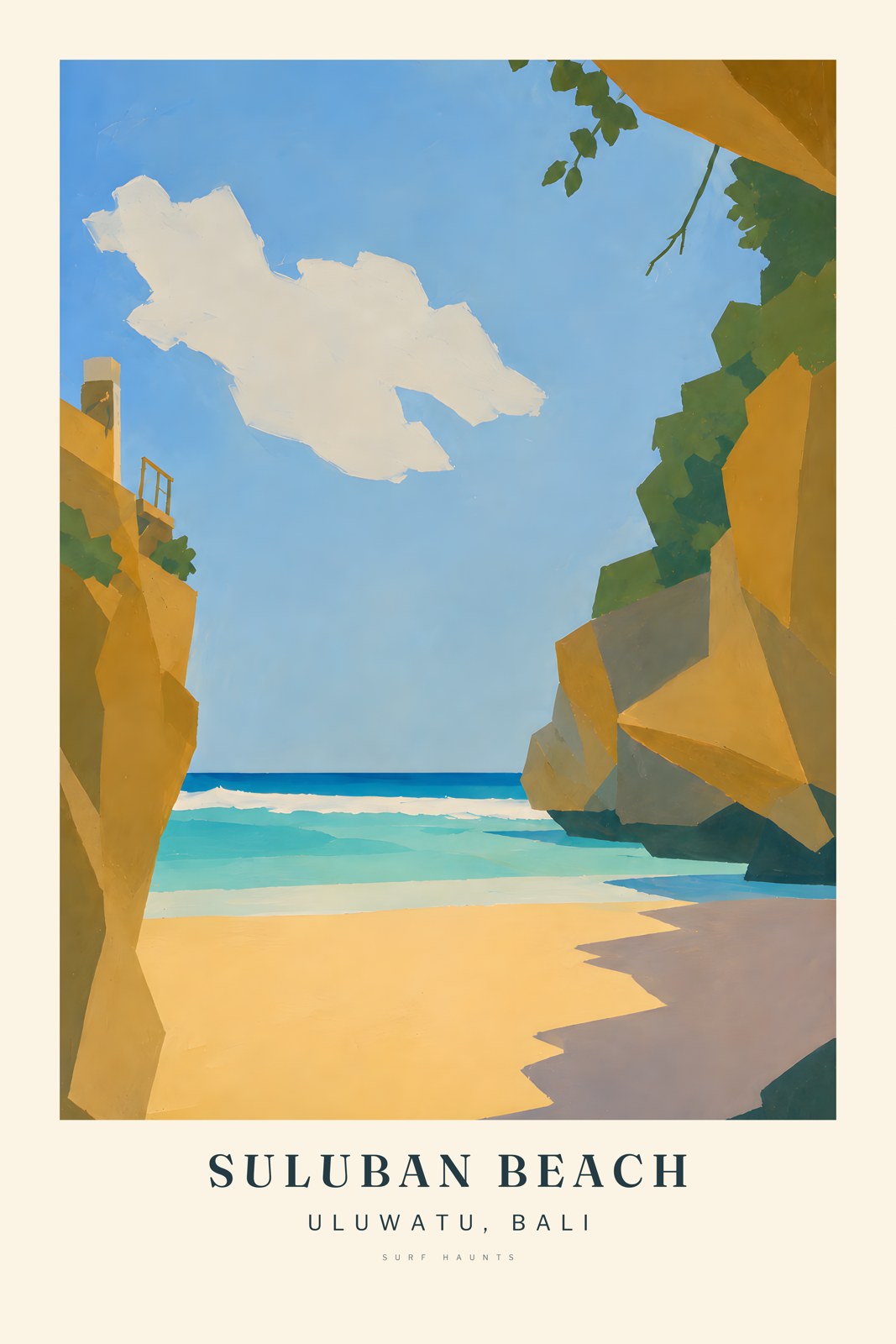 Painted vertical Suluban Beach poster with ochre rock walls, blue sky, a cream cloud and turquoise water.
