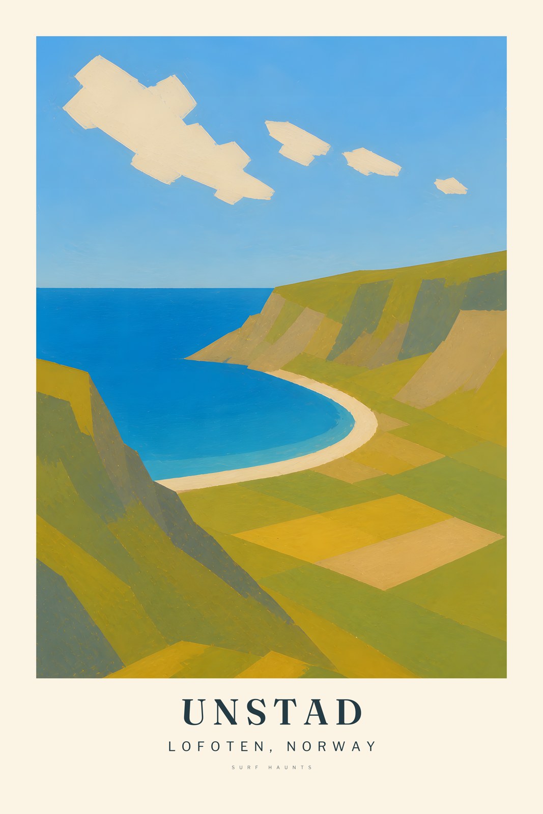 Painted vertical poster of Unstad in Lofoten with a deep blue bay, cream crescent beach, geometric farm fields and steep yellow-green mountain slopes.