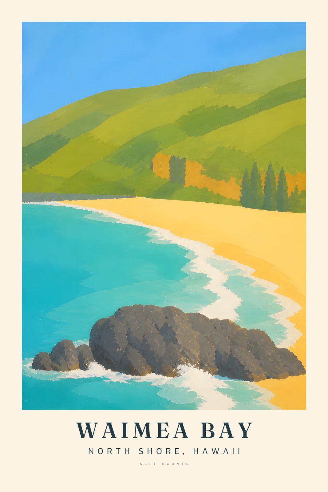 Painted vertical poster of Waimea Bay on Oahu with a dark shoreline rock, turquoise water, white shorebreak, a broad gold beach and layered green hills.