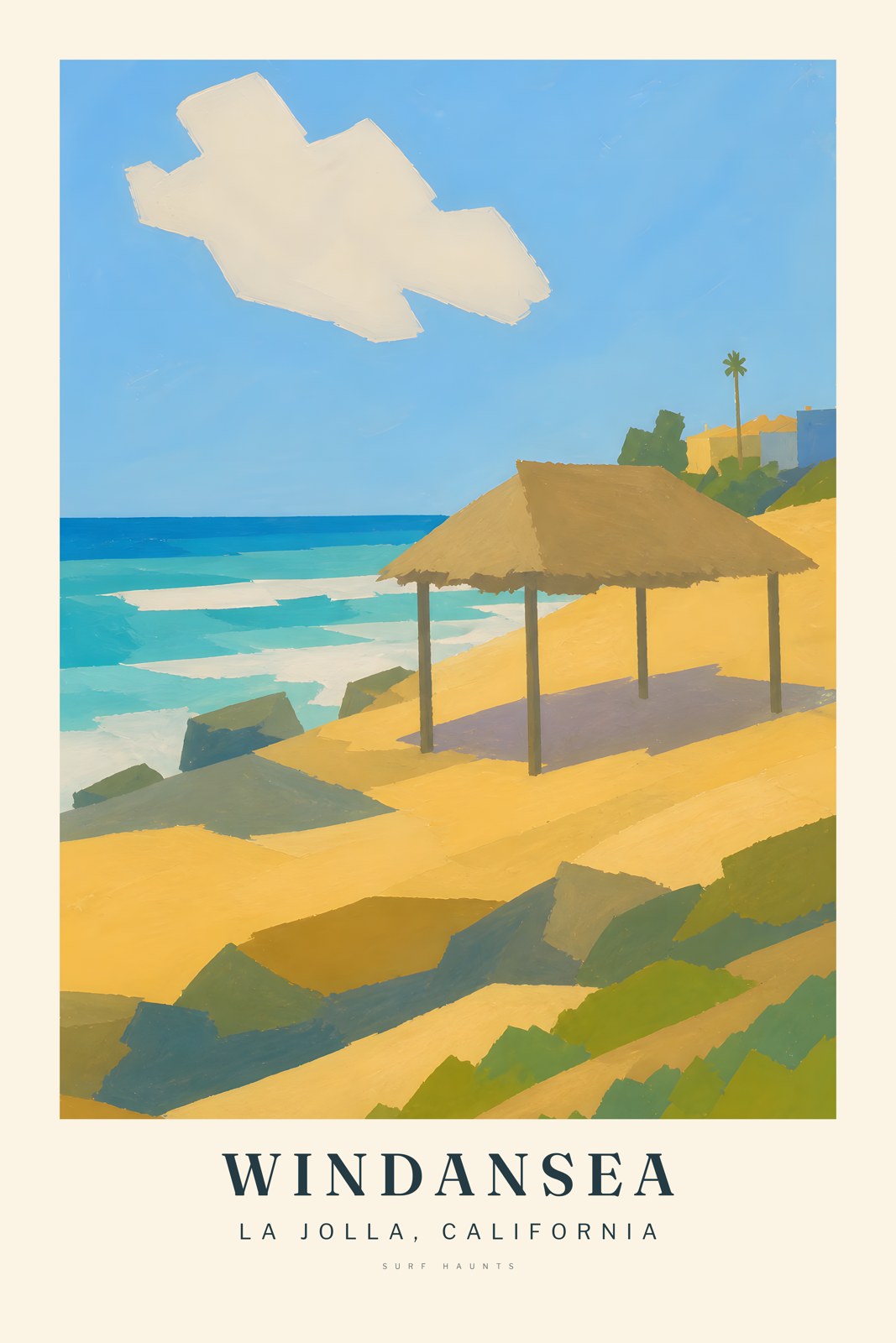 Painted vertical poster of the Windansea Surf Shack in La Jolla, with an ochre palm roof on four posts above golden rocks, turquoise ocean and blue sky.