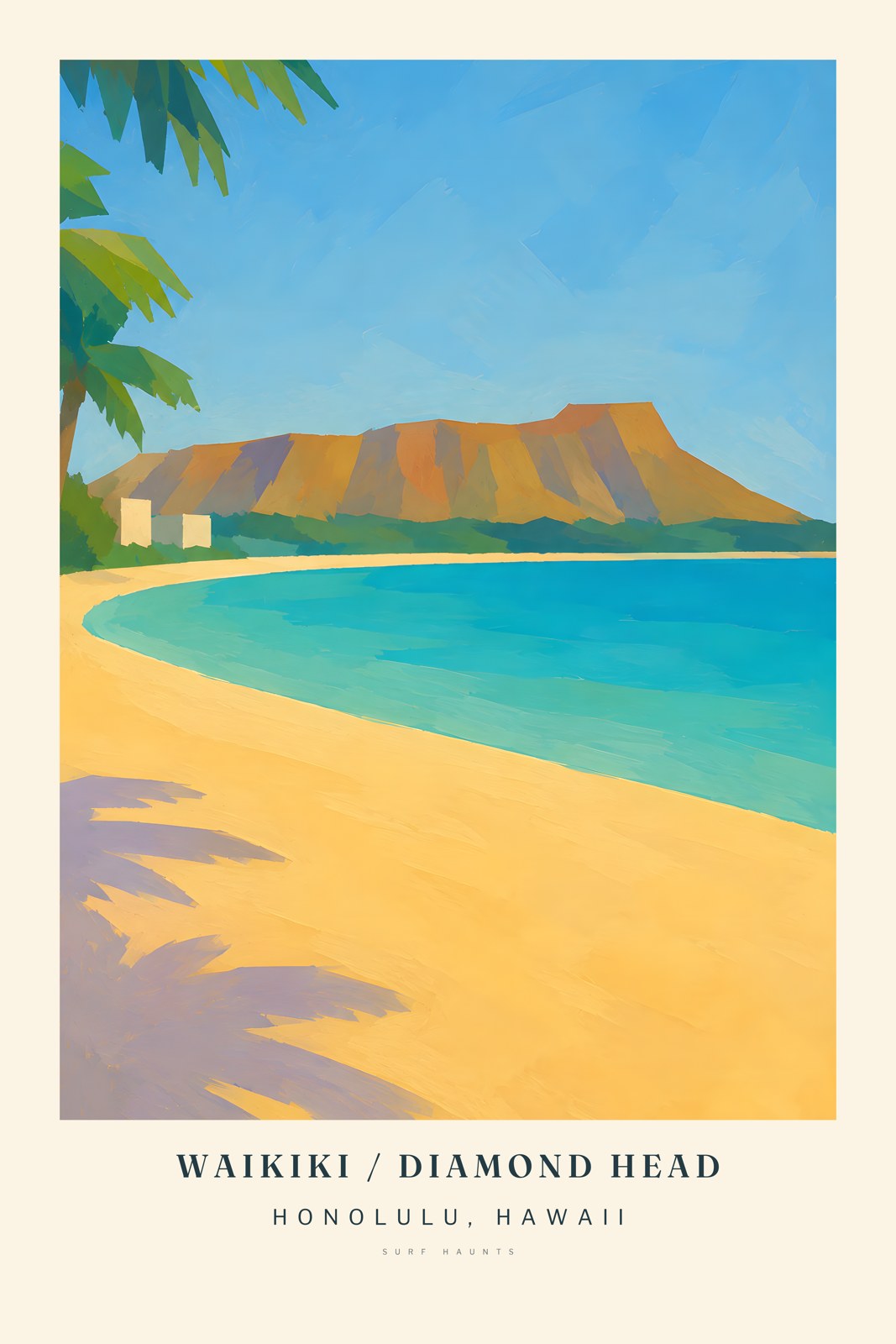 Vertical Waikiki poster showing a pale curving beach, turquoise bay, simplified city buildings and the green and ochre Diamond Head ridge.
