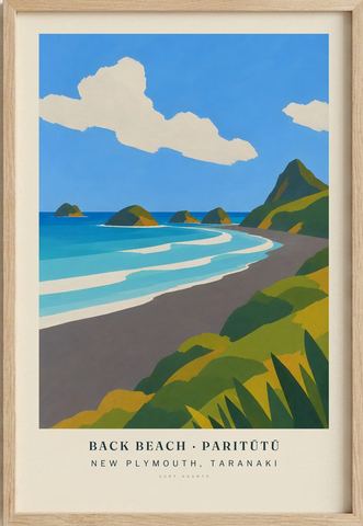 Back Beach · Paritūtū surf poster in an oak frame