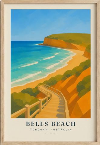 Bells Beach surf poster in an oak frame