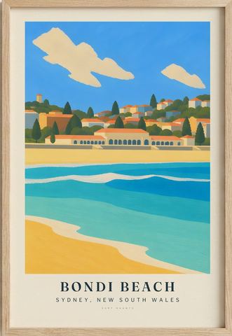 Bondi Beach surf poster in an oak frame