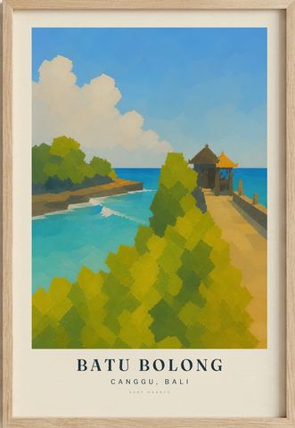 Batu Bolong surf poster in an oak frame
