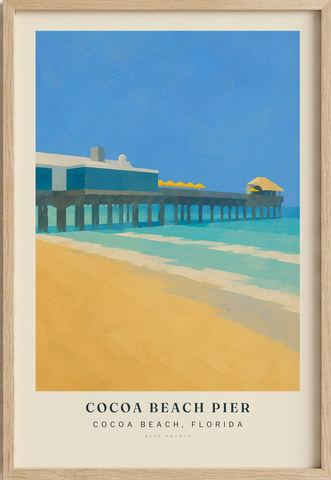 Cocoa Beach Pier surf poster in an oak frame