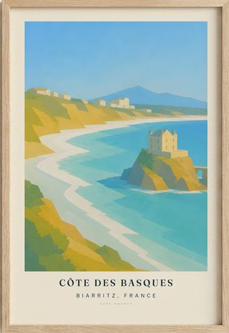 Côte des Basques surf poster in an oak frame