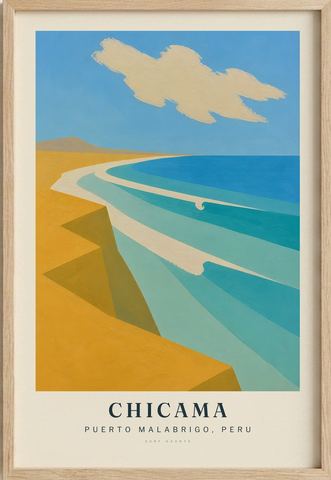 Chicama surf poster in an oak frame