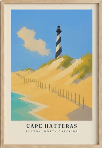 Cape Hatteras surf poster in an oak frame