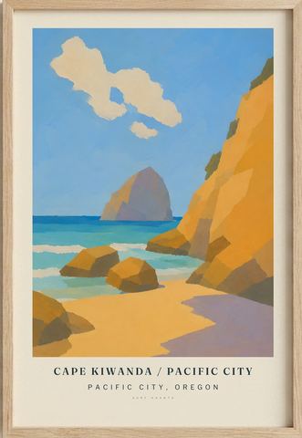 Cape Kiwanda / Pacific City surf poster in an oak frame