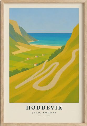 Hoddevik surf poster in an oak frame