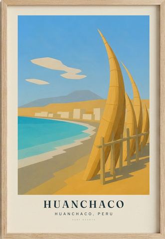 Huanchaco surf poster in an oak frame
