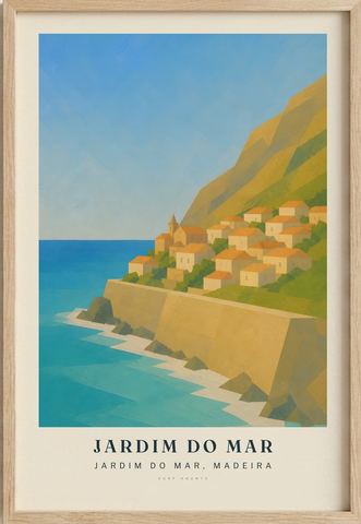 Jardim do Mar surf poster in an oak frame