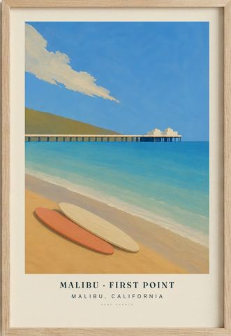 Malibu · First Point surf poster in an oak frame