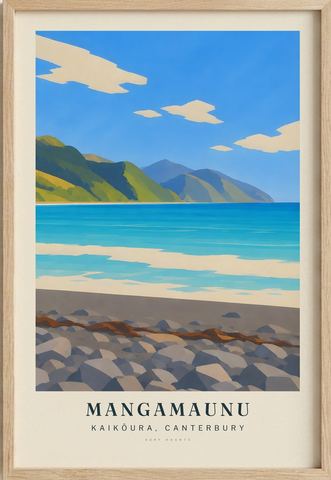 Mangamaunu surf poster in an oak frame