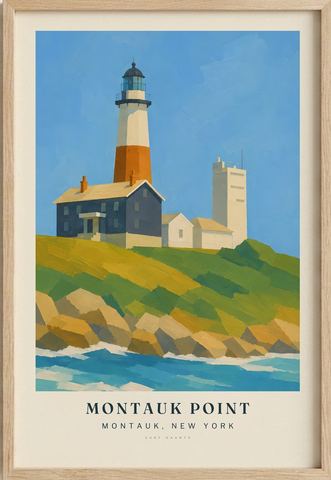 Montauk Point surf poster in an oak frame