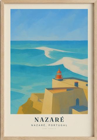 Nazaré surf poster in an oak frame