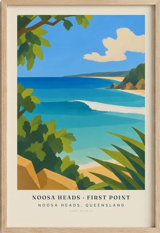 Noosa Heads · First Point surf poster in an oak frame