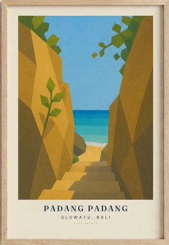 Padang Padang surf poster in an oak frame