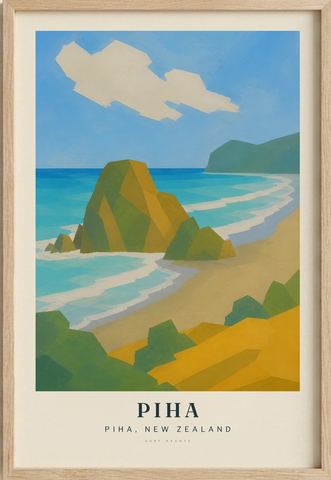 Piha surf poster in an oak frame