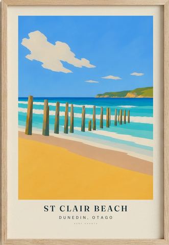 St Clair Beach surf poster in an oak frame