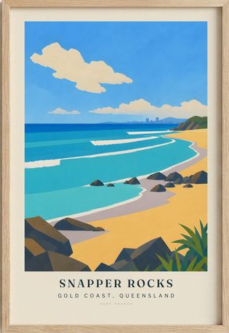 Snapper Rocks surf poster in an oak frame